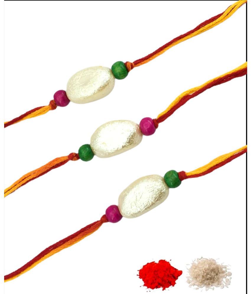     			thriftkart Rakhi Set White Traditional Pearl Rakhi for bhai Pack of 3