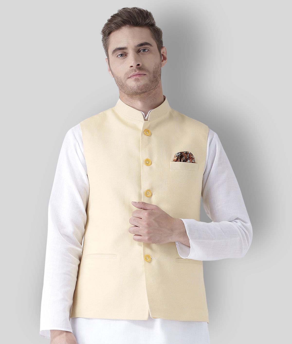     			Hangup Yellow Linen Nehru Jacket