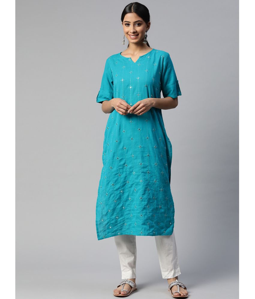     			SVARCHI - Turquoise Cotton Women's Straight Kurti ( Pack of 1 )