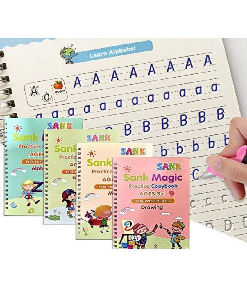     			Sank Magic Practice Copybook, (4 Books + 1 Pen + 10 Refill) Number, Alphabet, Math and Drawing for Preschools Ages 3+ - Reusable Writing Tool Simple