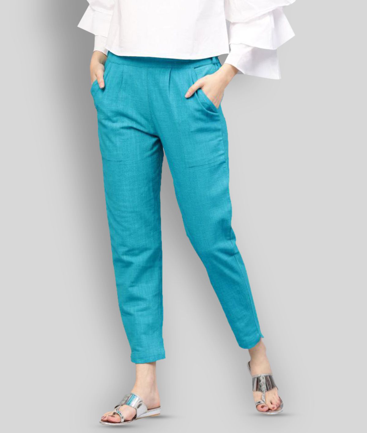 Jaipur Kurti - Turquoise Cotton Blend Straight Fit Women's Casual Pants  ( Pack of 1 )