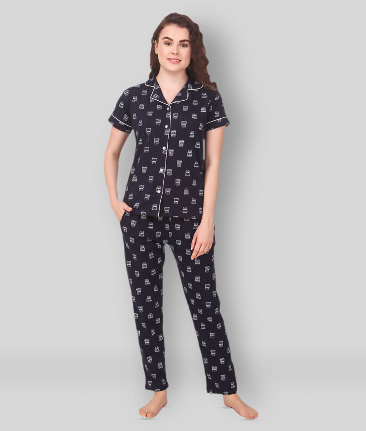     			Masha - Navy Blue Cotton Women's Nightwear Nightsuit Sets