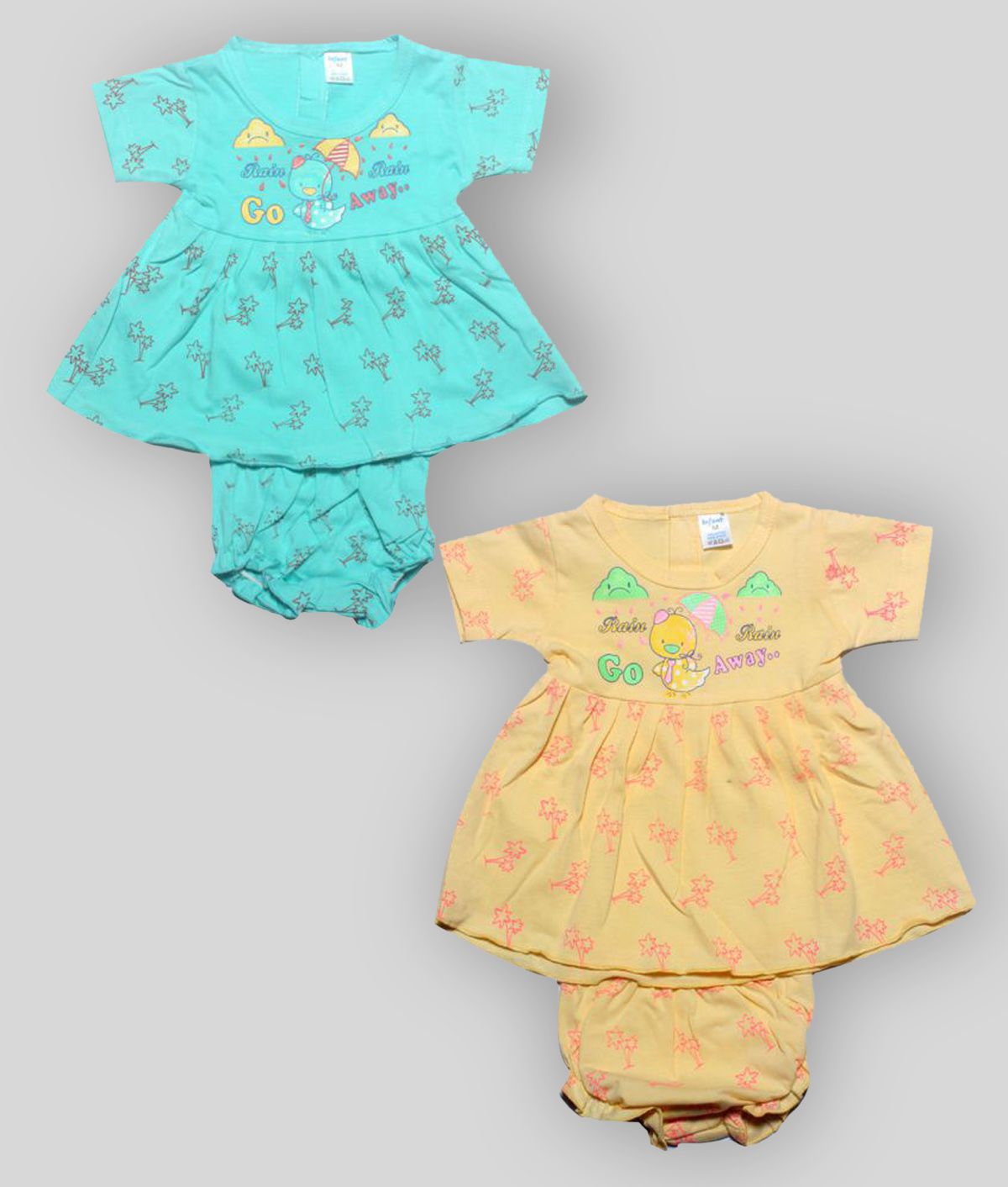     			INFANT Blue & Yellow baby girls cotton half sleeve back open frock dress Pack of 2