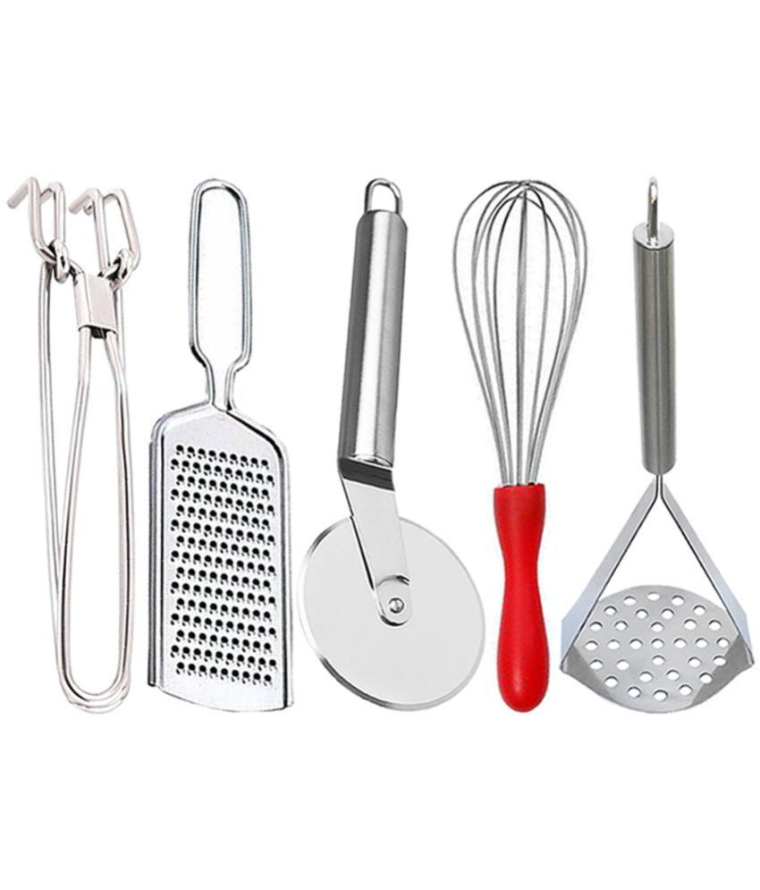     			JISUN - Silver Stainless Steel Pakkad+Wire Grater+Whisk+Pizza Cutter+Masher ( Pack 5 )