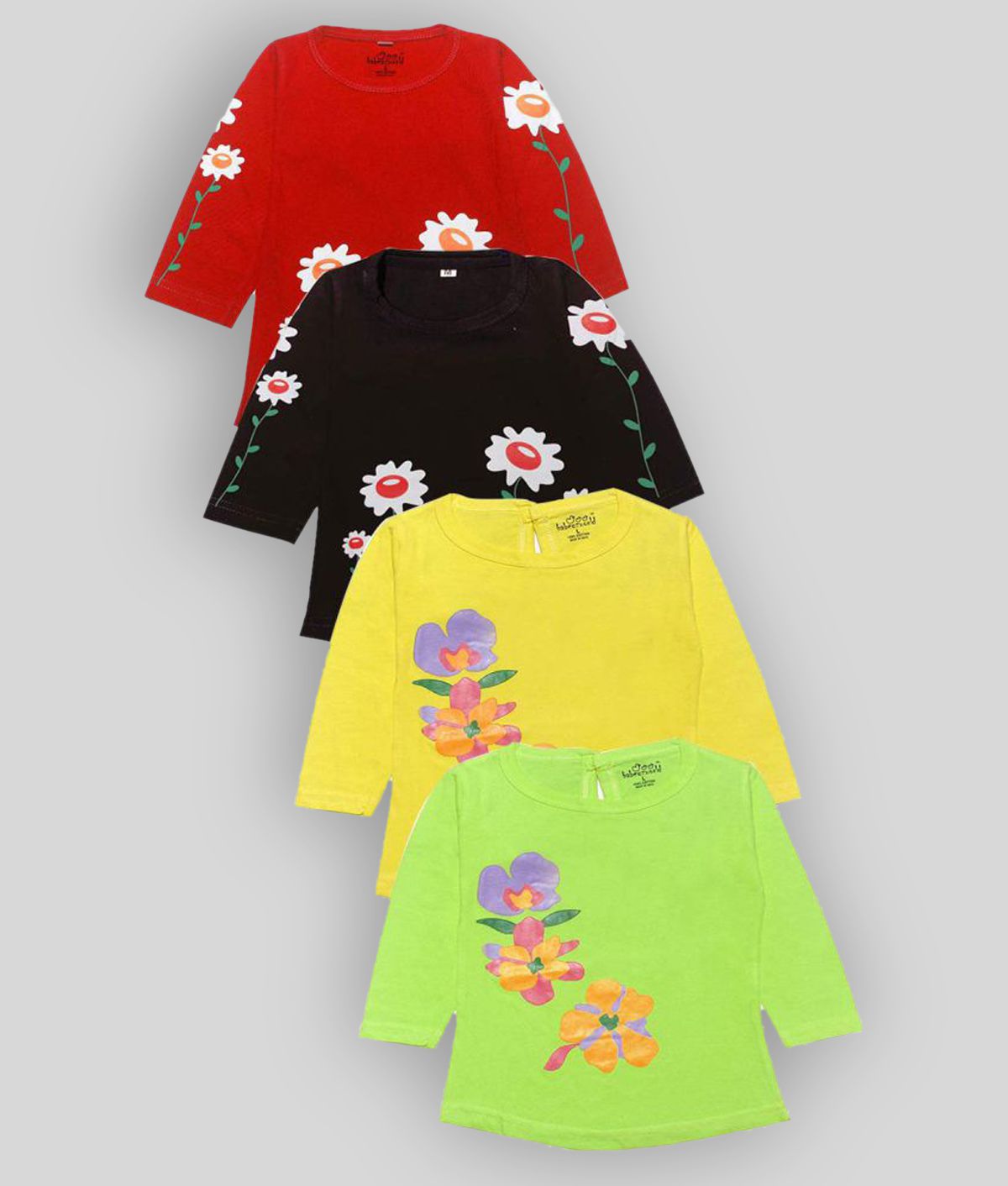     			babeezworld Red, Yellow, Black and Green Baby Girl's top Multicolour, 6-12 Months Pack of 4