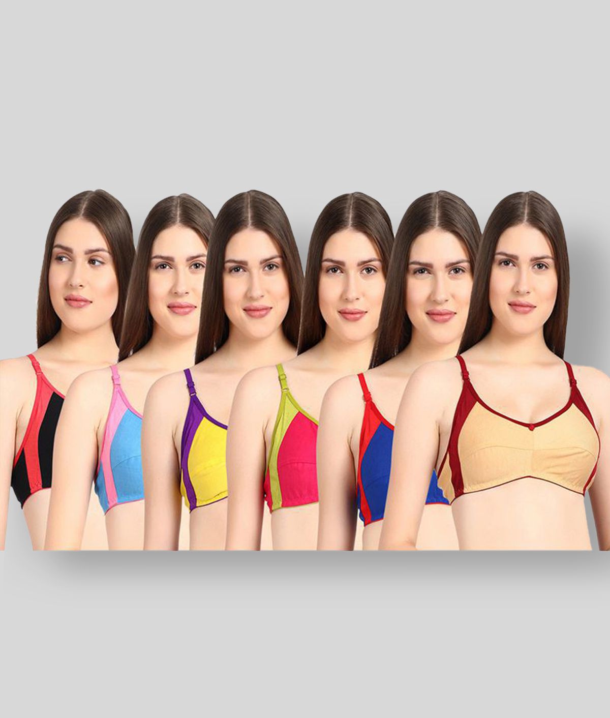 Brotherss - Multicolor Cotton Non - Padded Women's T-Shirt Bra ( Pack of 6 )