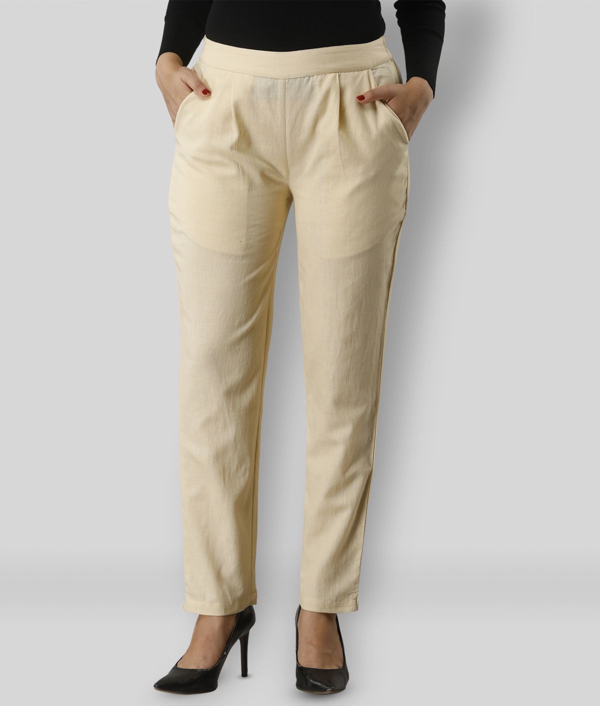     			SVARCHI - Beige Cotton Blend Straight Fit Women's Casual Pants  ( Pack of 1 )