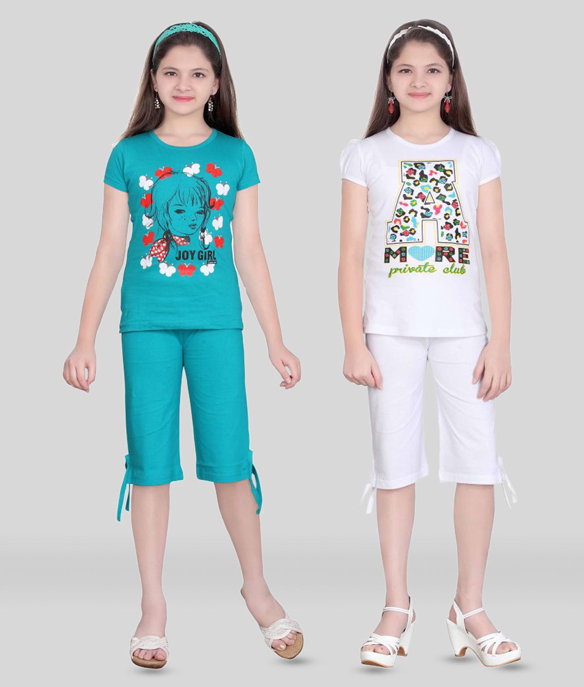     			Sini Mini - Blue Cotton Girl's Top With Capris ( Pack of 2 )