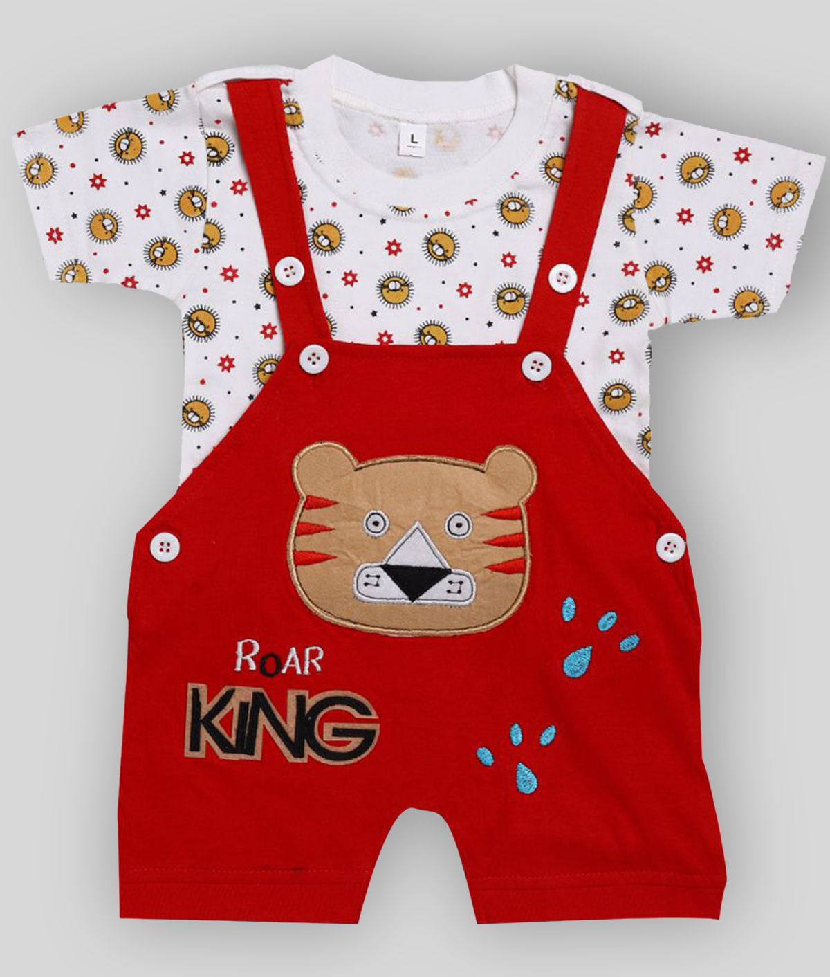 babeezworld dungaree for Boys & Girls casual printed pure cotton (Red & Blue; 9-12 Months)