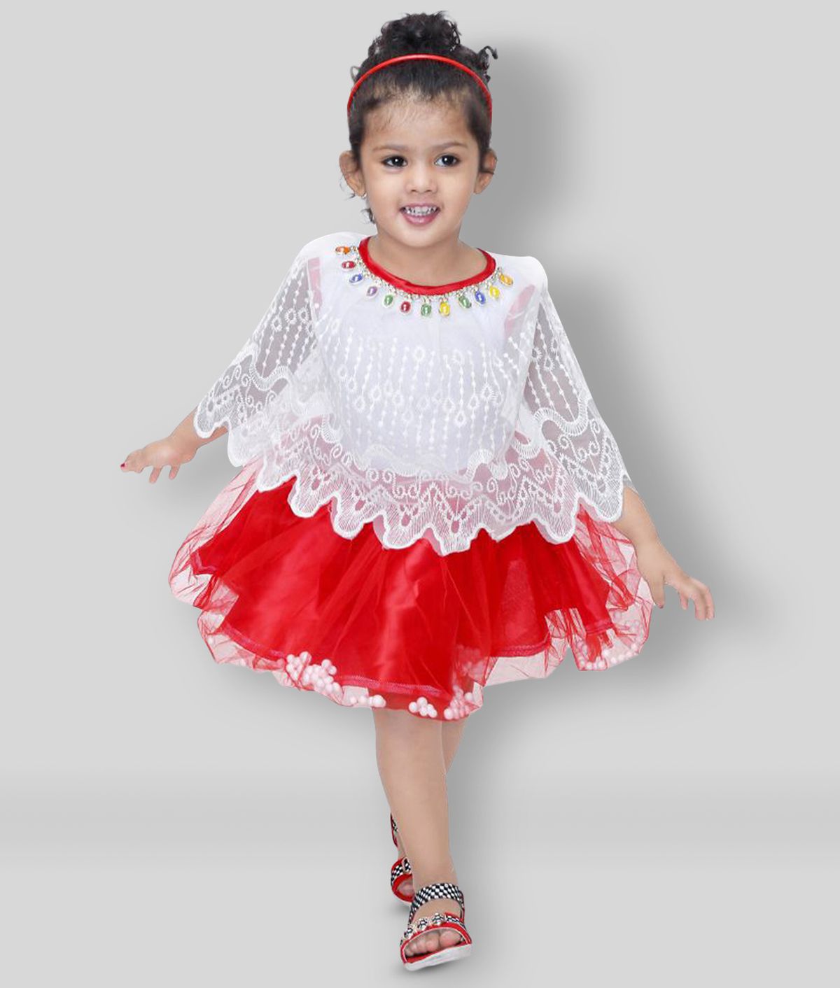     			Mojua - White & Red Net Girl's A-line Dress ( Pack of 1 )