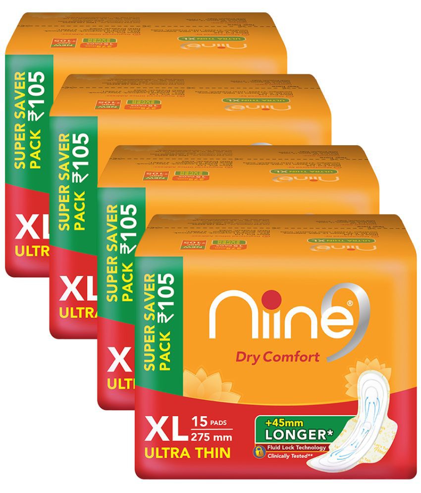     			Niine Dry Comfort Ultra Thin Sanitary Pads for women (Pack of 4) 60 Pads with Fluid Lock Gel Technology