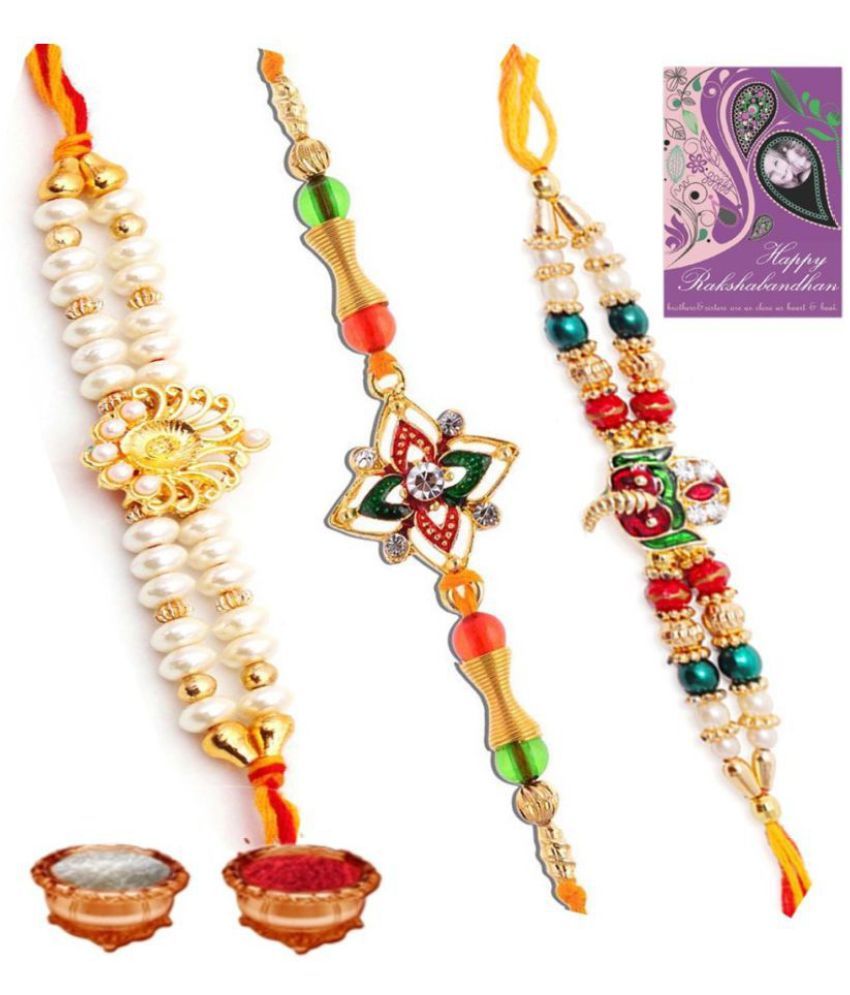     			Purvani Rakhi Set Multicolour With Roli chawal & Card Pack of 3