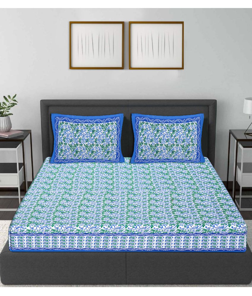     			Frionkandy Cotton Floral Printed Queen Bedsheet with 2 Pillow Covers - Blue