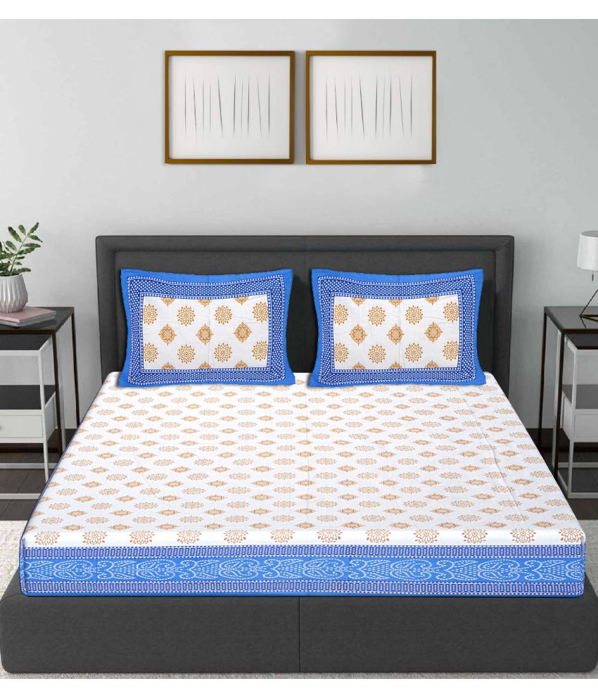     			Frionkandy Cotton Ethnic Printed Queen Bedsheet with 2 Pillow Covers - Blue