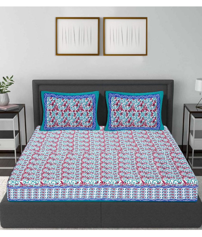     			Frionkandy Cotton Floral Printed Queen Bedsheet with 2 Pillow Covers - Turquoise