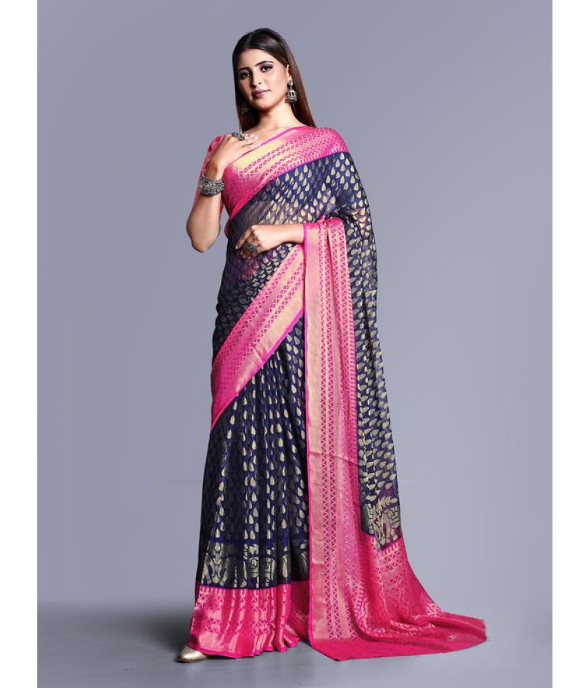     			Sitanjali - Navy Blue Brasso Saree With Blouse Piece ( Pack of 1 )