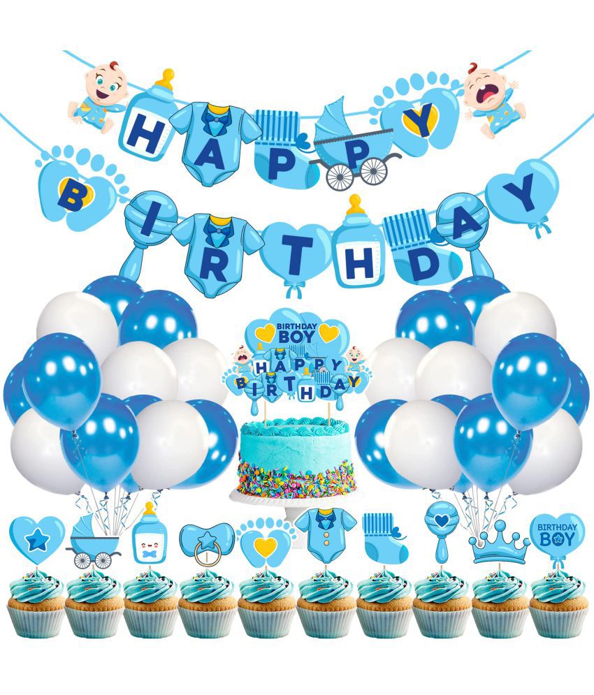     			Zyozi Baby Boy Birthday Decoration kit Included Happy Birthday Banner ,Cake Topper, Cup Cake Topper and Balloon for Boys Happy Birthday Party Decorations Supplies (Pack Of 37)