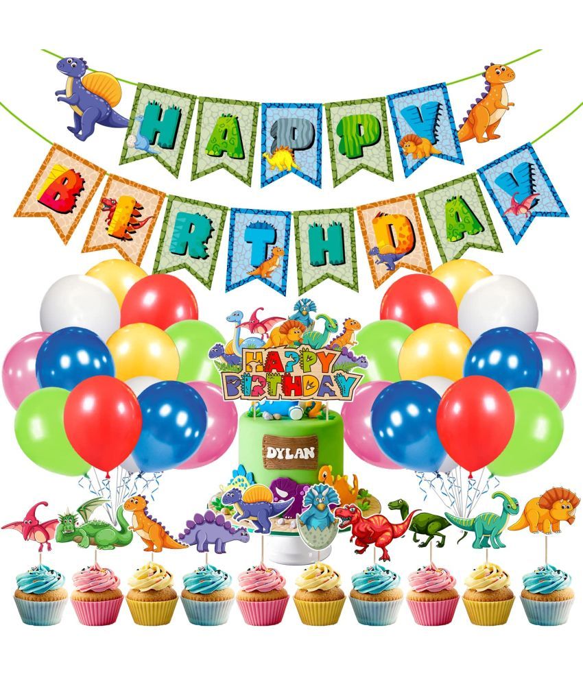     			Zyozi Dinosaur Birthday Party Supplies, 37 Pcs Dinosaur Party Supplies Set for Boys and Girls, Include Balloons, Banner, Cake Topper and Cupcake Toppers