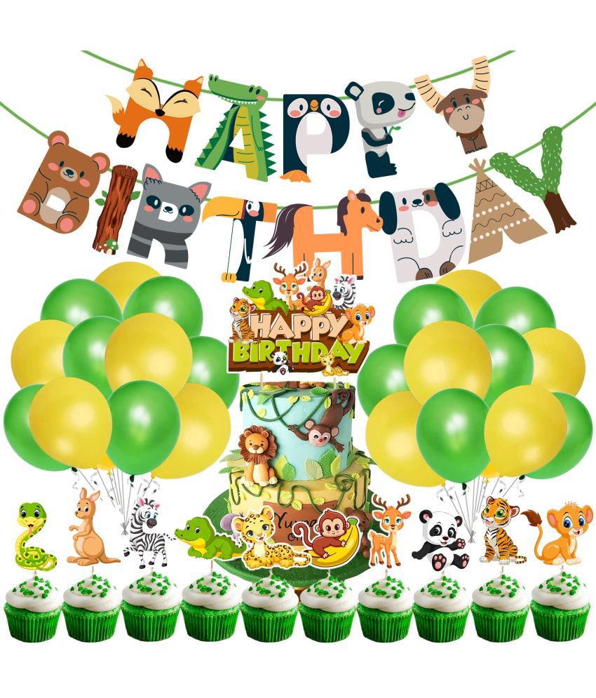     			Zyozi Jungle Safari Happy Birthday Decoration Kids,Animal Birthday Zyozique Banner with Latex Balloons, Cake Topper and Cup Cake Topper for Boy Birthday 1st 2nd 3rd 16th 18th 21st (Pack of 37)