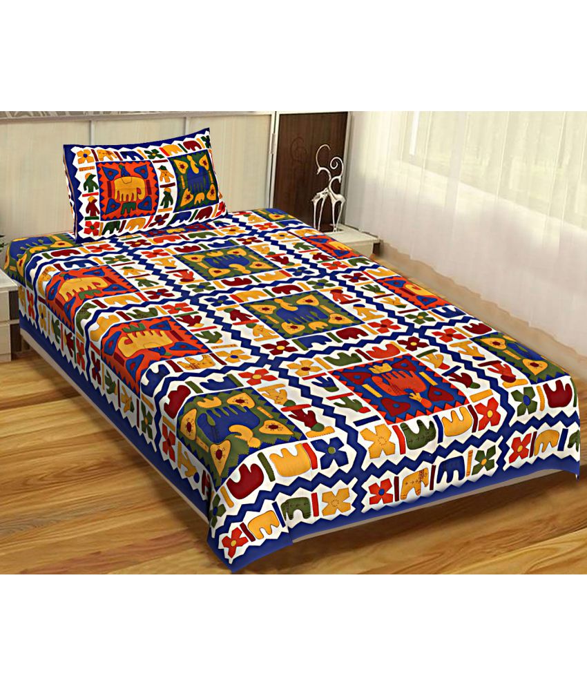     			HOMETALES Cotton Animal Single Bedsheet with 1 Pillow Cover-Blue