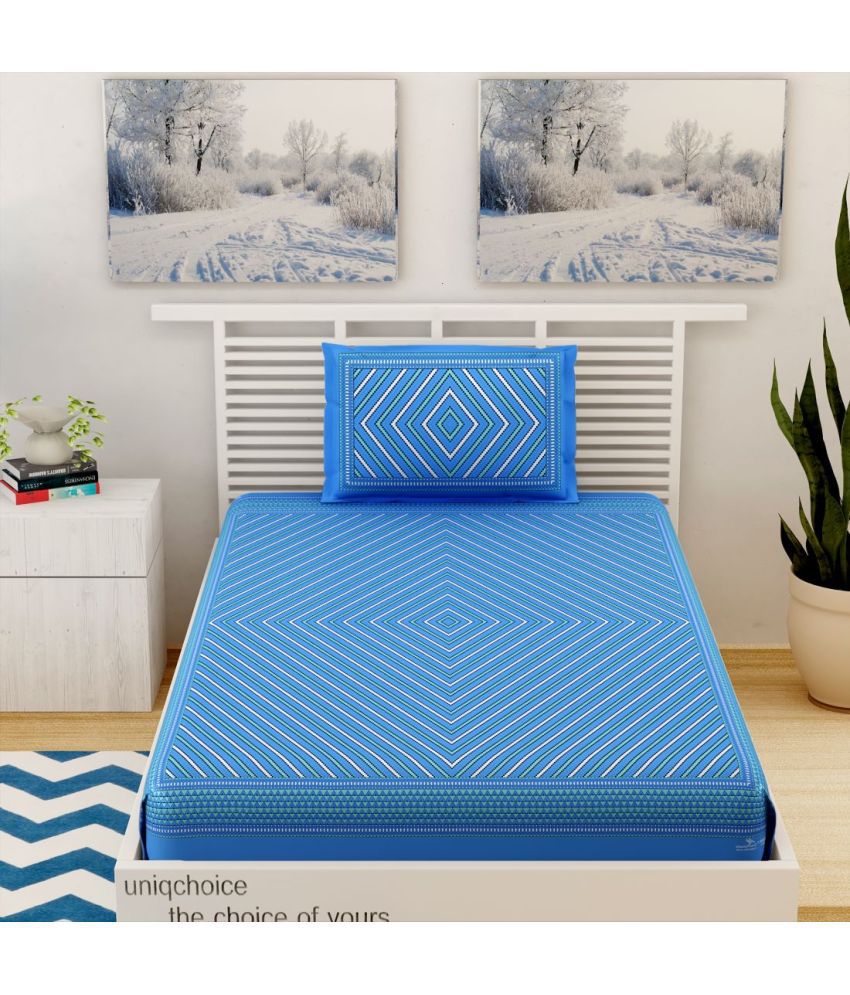     			HOMETALES Cotton Geometric Single Bedsheet with 1 Pillow Cover-Blue
