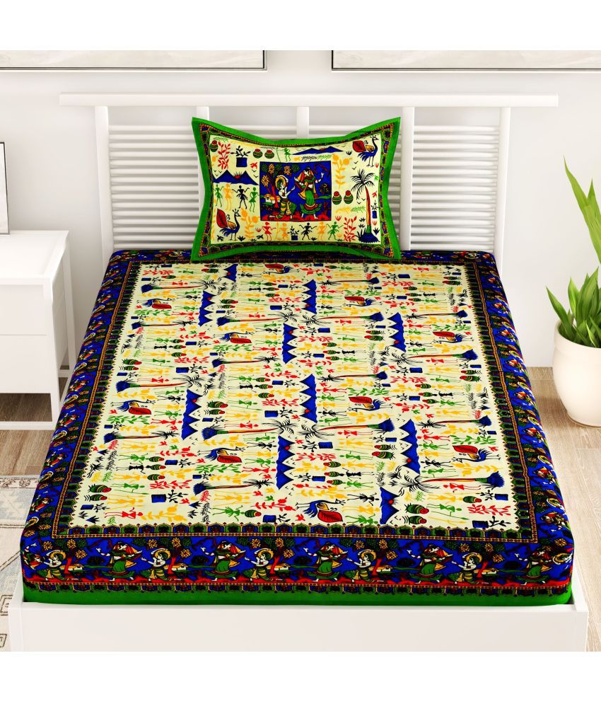     			unique choice Cotton Ethnic Printed Single Bedsheet with 1 Pillow Cover - Green