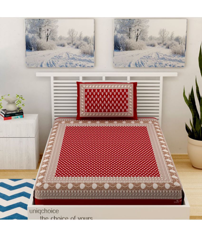     			unique choice Cotton Ethnic Printed Single Bedsheet with 1 Pillow Cover - Red