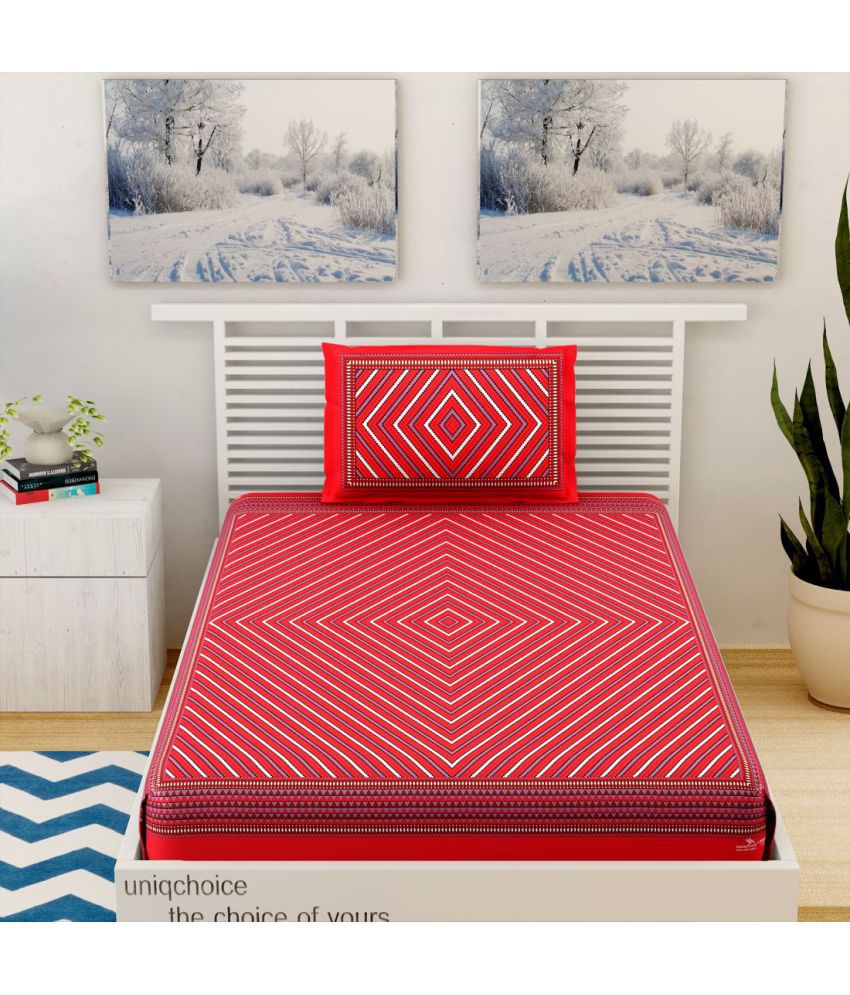     			Uniqchoice Cotton Geometric Single Bedsheet with 1 Pillow Cover-Red