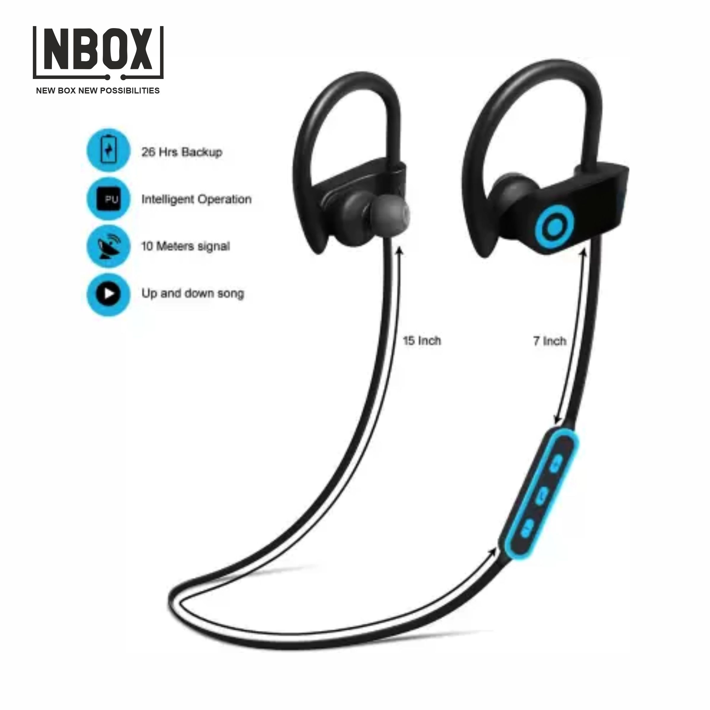 NBOX VBT-1949 Blue In Ear Bluetooth Neckband 12 Hours Playback IPX4(Splash & Sweat Proof) Passive noise cancellation -Bluetooth Blue