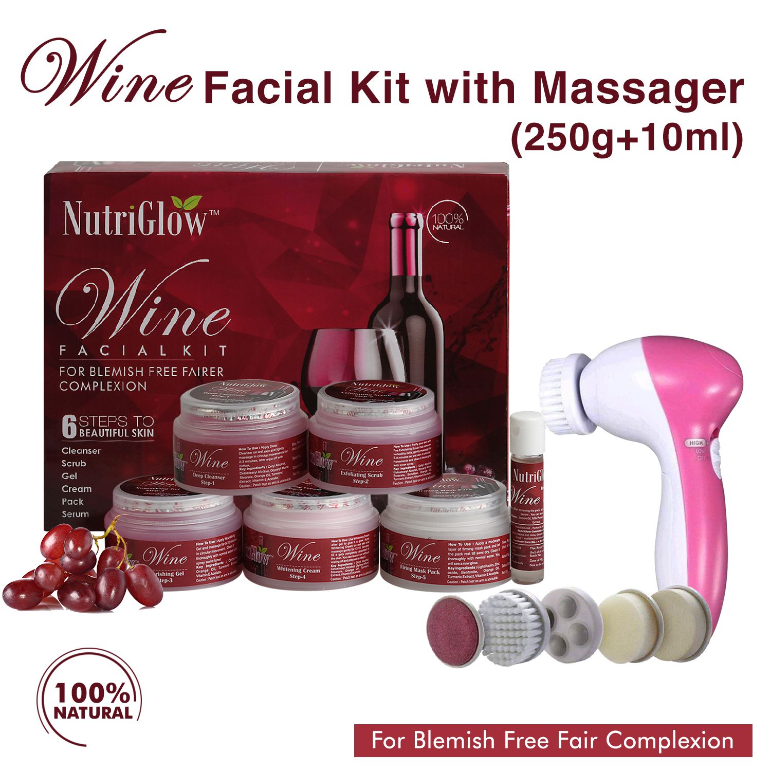    			NutriGlow Wine Facial Cleanup Kit for Women for Glowing Skin 6-Pieces Skin Care Set 250gm+10ml with Free Face Massager