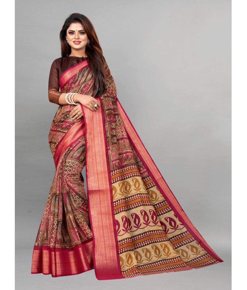 BLEESBURY - Maroon Linen Saree With Blouse Piece ( Pack of 1 )