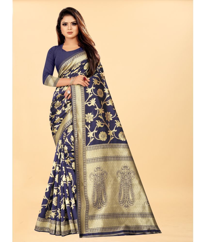     			Gazal Fashions - Navy Blue Banarasi Silk Saree With Blouse Piece ( Pack of 1 )