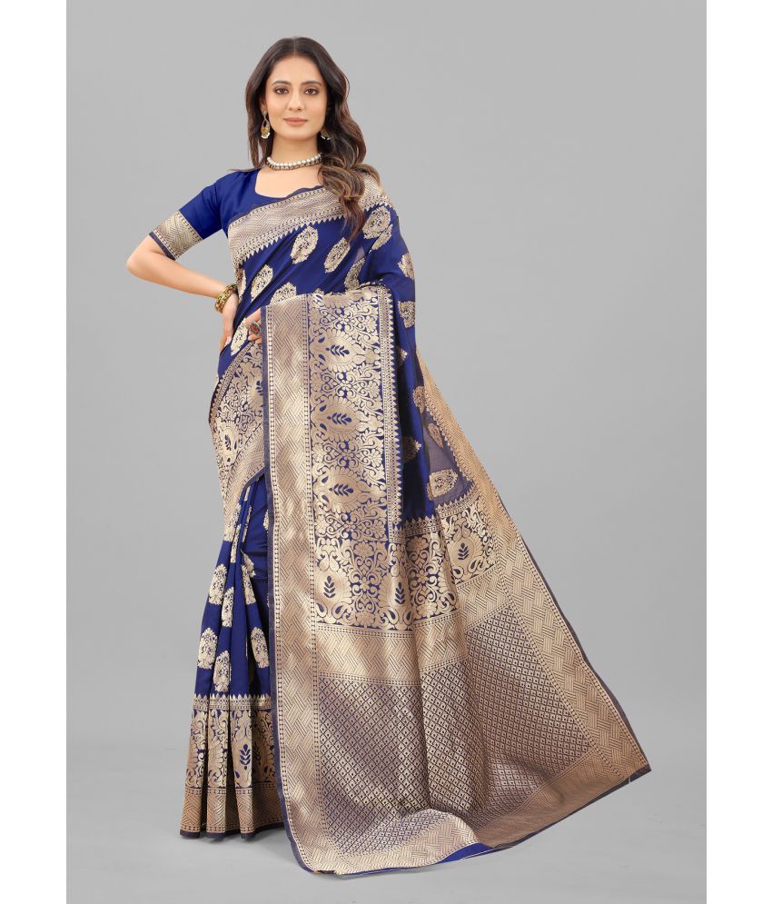     			Gazal Fashions - Navy Blue Banarasi Silk Saree With Blouse Piece ( Pack of 1 )