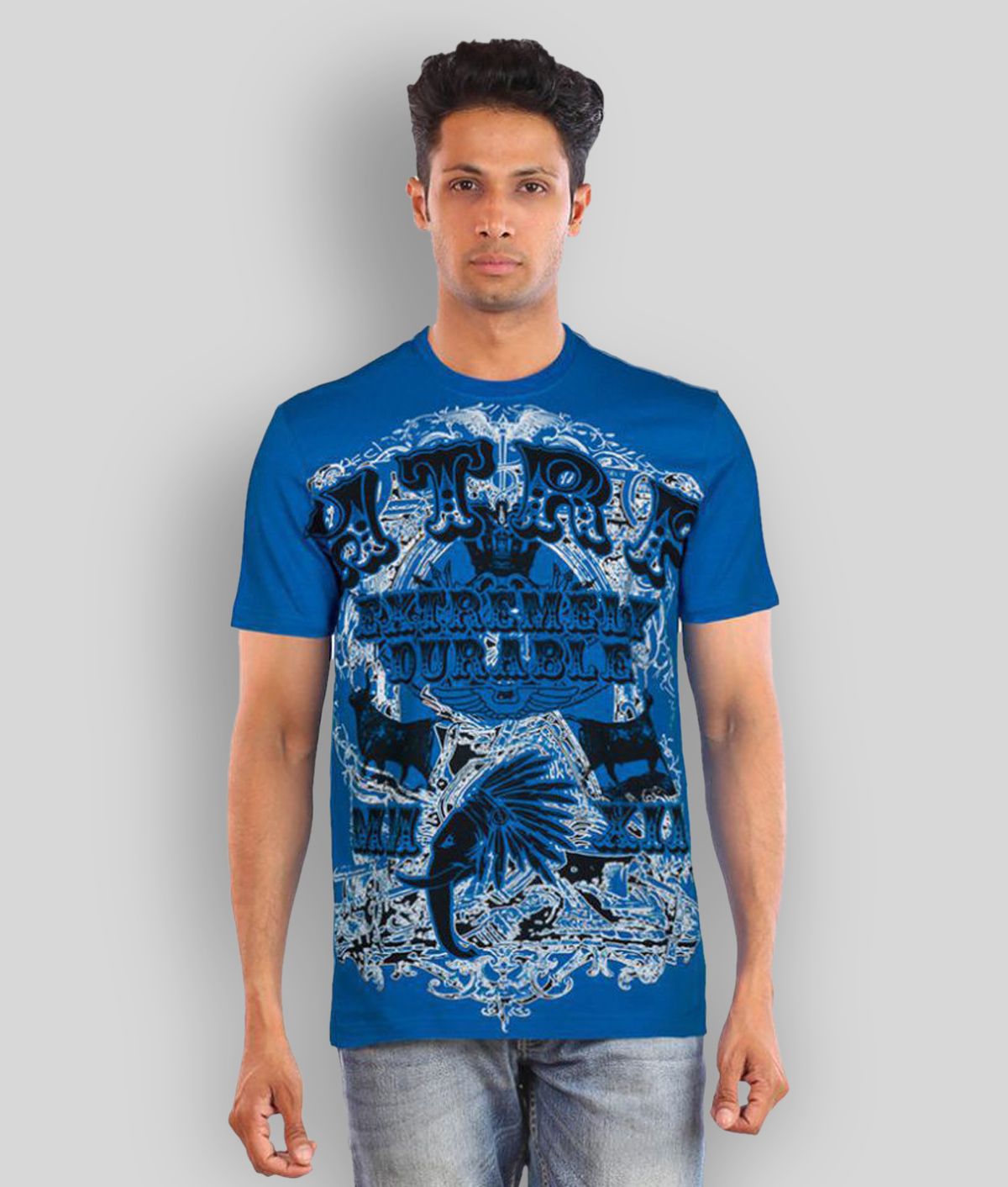     			Huetrap Cotton Blue Printed T-Shirt