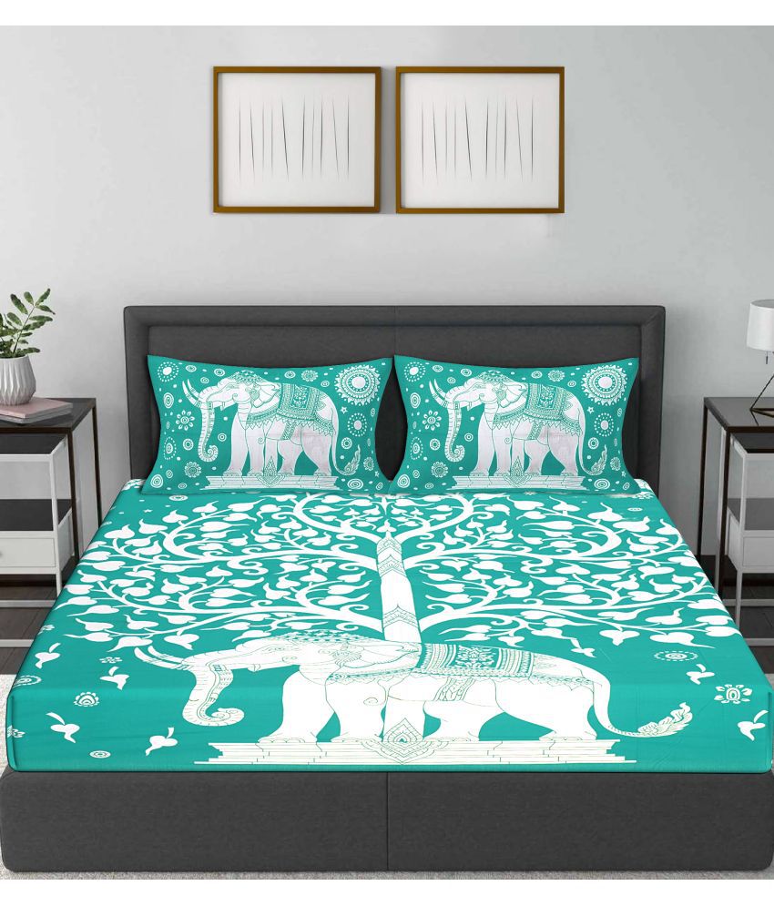     			Frionkandy Cotton Animal Printed Queen Bedsheet with 2 Pillow Covers - Turquoise