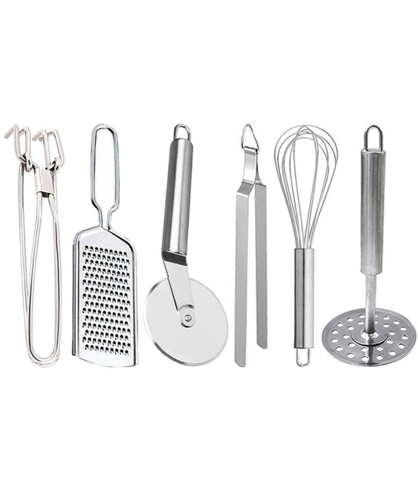     			JISUN - Silver Stainless Steel Wire Grater+Pakkad+Pizza Cutte+Whisk+Chimta+Masher ( Pack 6 )