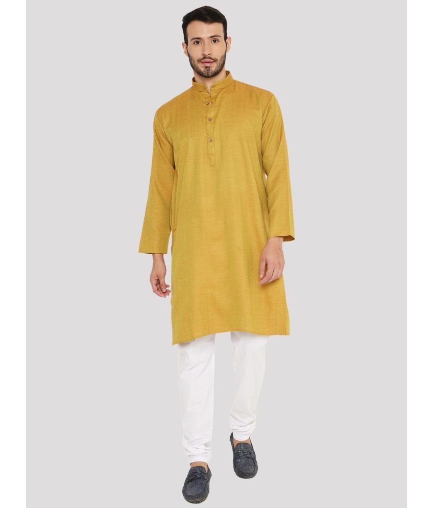     			Maharaja - Yellow Linen Regular Fit Men's Kurta Pyjama Set ( Pack of 1 )