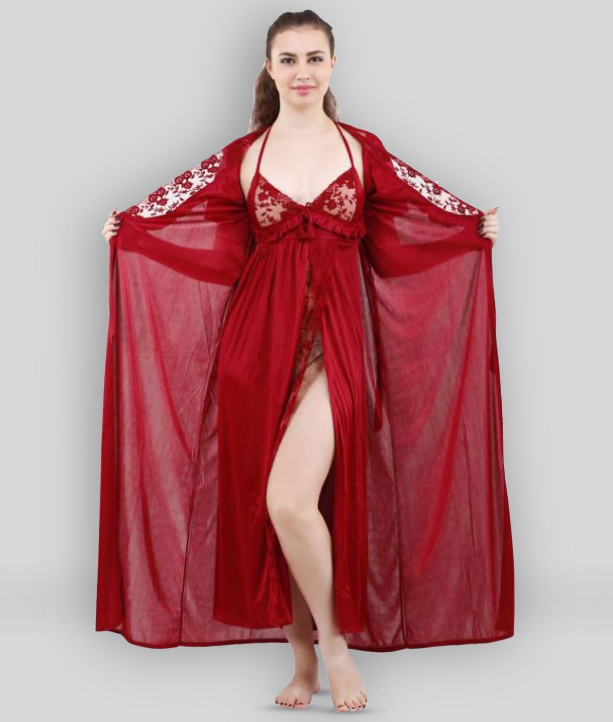 Buy Romaisa Maroon Satin Women's Nightwear Nighty & Night Gowns
