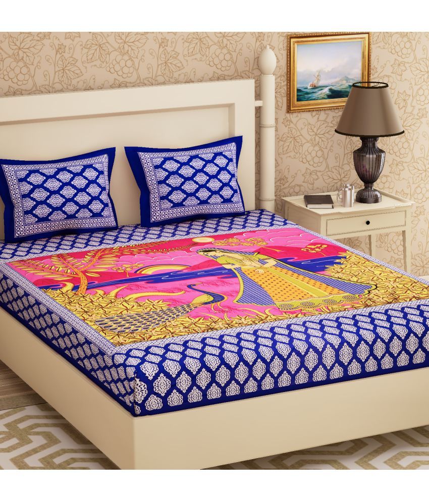     			URBAN MAGIC - Blue Cotton Double Bedsheet with 2 Pillow Covers