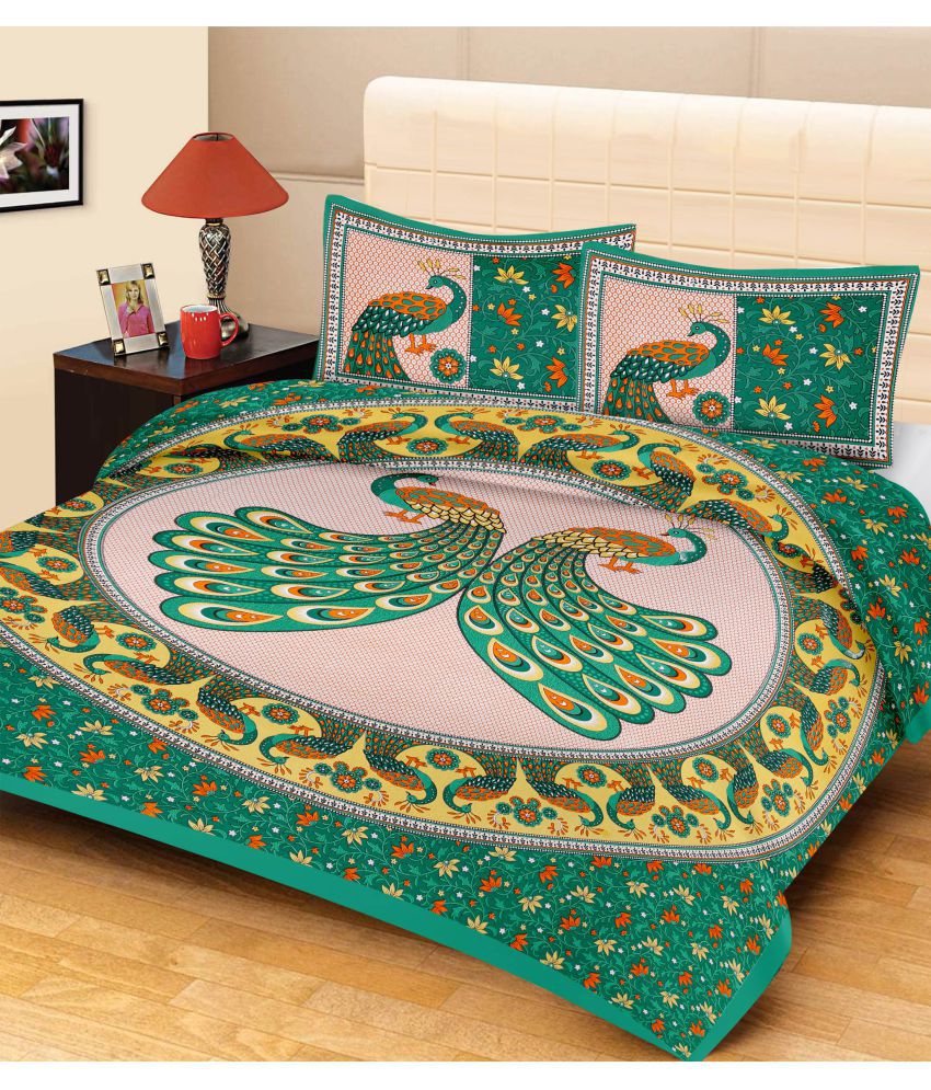     			URBAN MAGIC - Green Cotton Double Bedsheet with 2 Pillow Covers