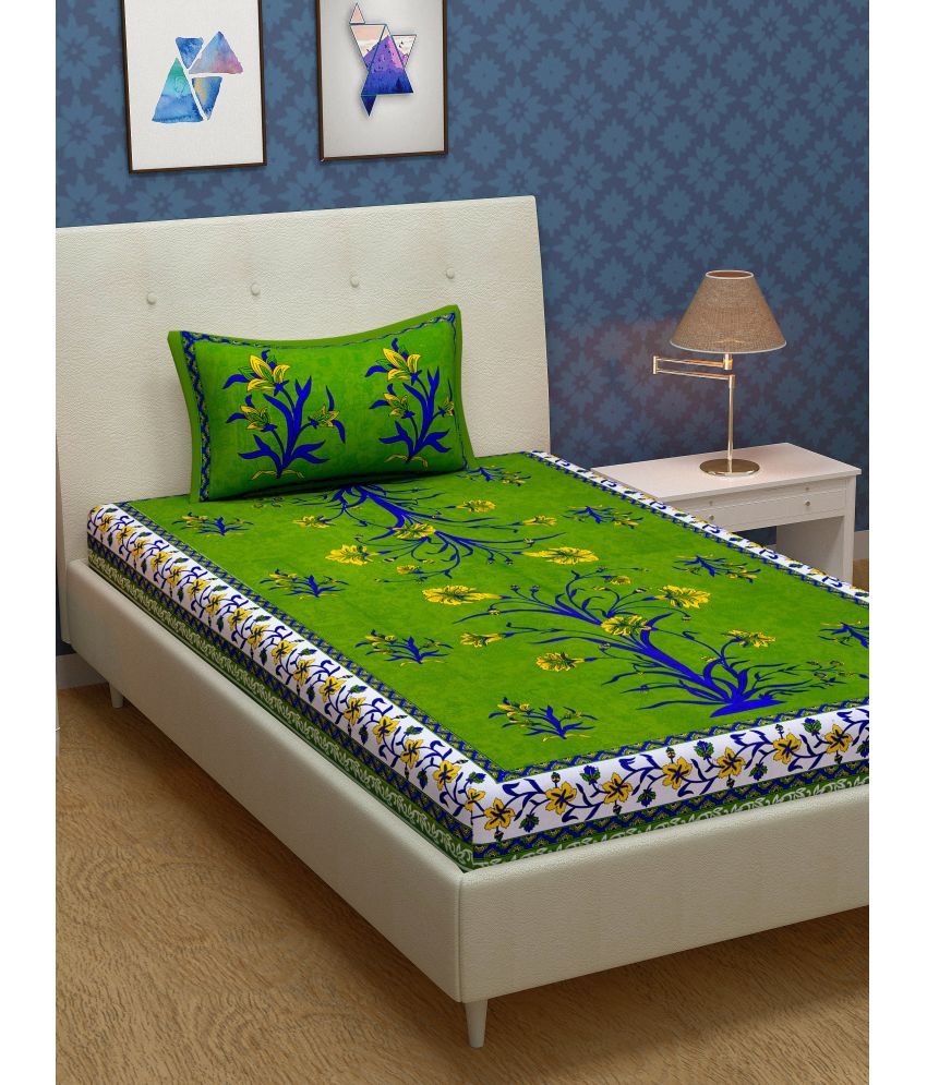     			URBAN MAGIC - Green Cotton Single Bedsheet with 1 Pillow Cover