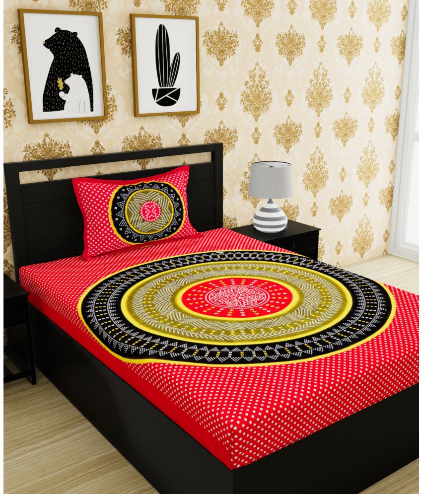     			URBAN MAGIC - Red Cotton Single Bedsheet with 1 Pillow Cover
