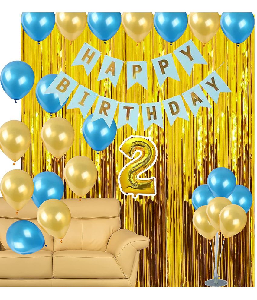     			Kiran Enterprises Happy Birthday Banner ( Blue ) +Foil Number 2 Gold + 2 Fringe Curtain ( Gold ) + 30 Metallic Balloon ( Blue, Gold )