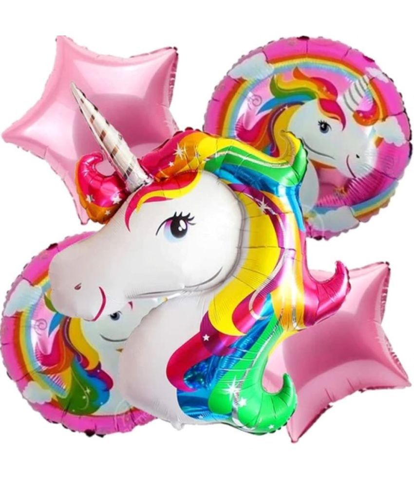     			Kiran Enterprises  Printed Pink Unicorn 5pcs Foil Balloon Birthday Decoration Set