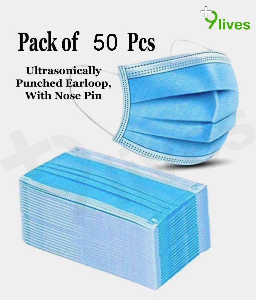     			9Lives 3 Ply Disposable Face Mask with Nose Pin- 50 Pcs