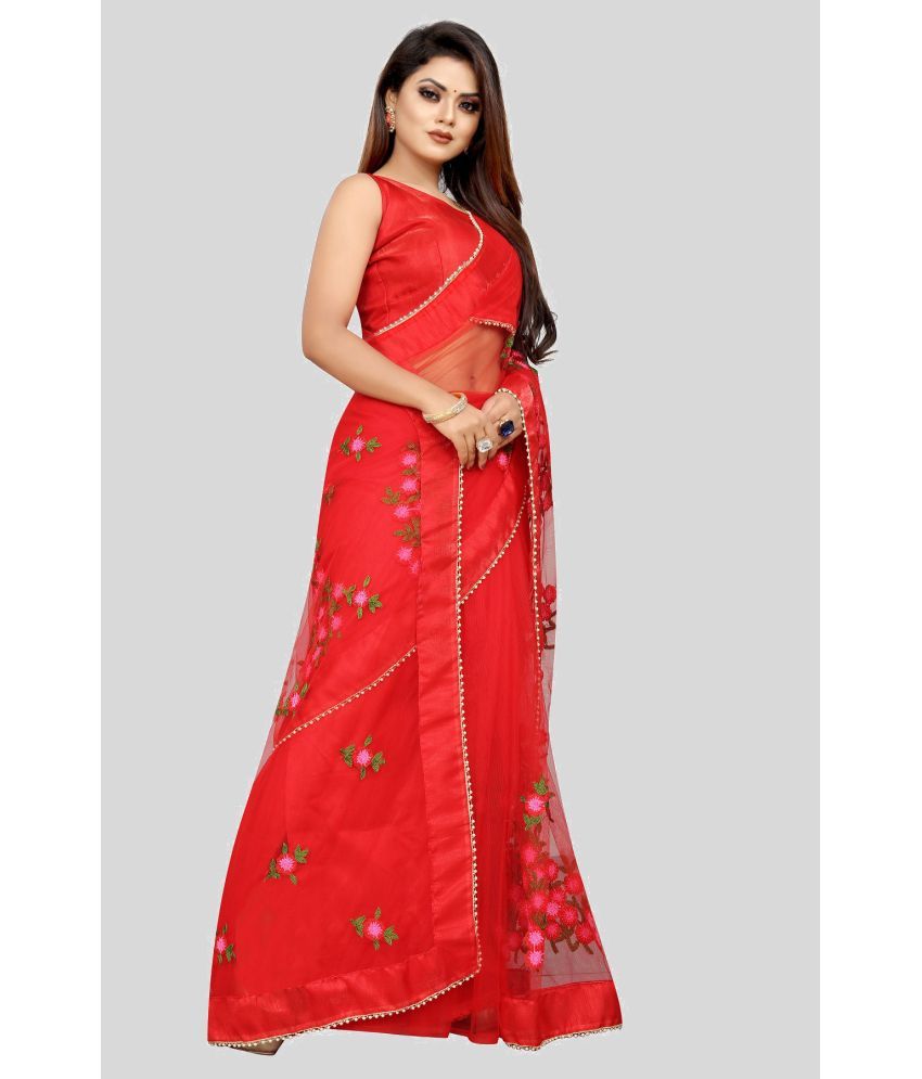     			Gazal Fashions - Red Net Saree With Blouse Piece ( Pack of 1 )