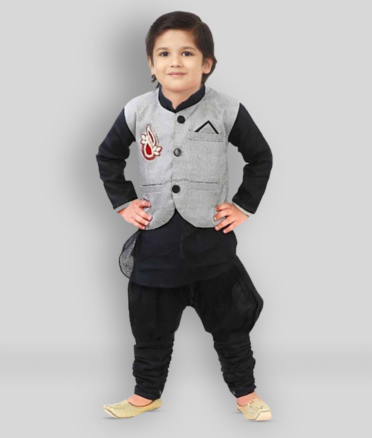     			JCT Dresses Black Kurta Pyjama With Grey Jacket For Boys