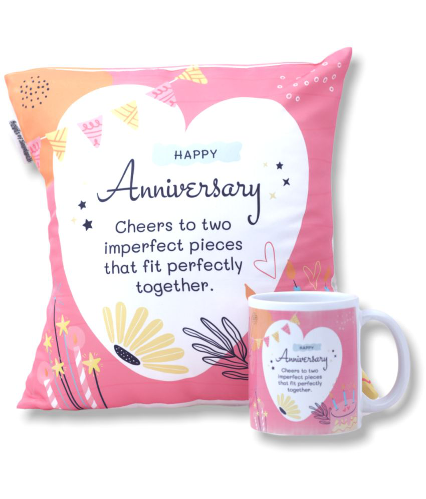 HOMETALES - Happy Anniversary Printed Gifting Cushion With Filler Purple (12X12 Inch) With Coffee Mug
