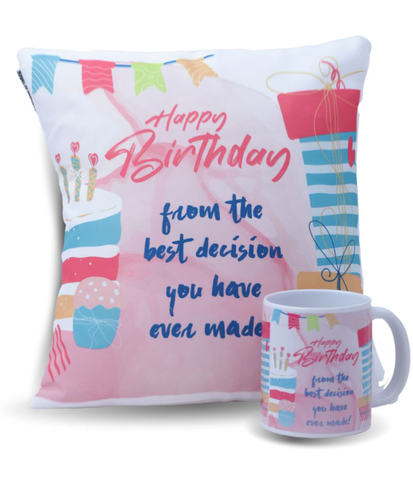 HOMETALES - Happy Birthday Printed Gifting Cushion With Filler Pink (12X12 Inch) With Coffee Mug