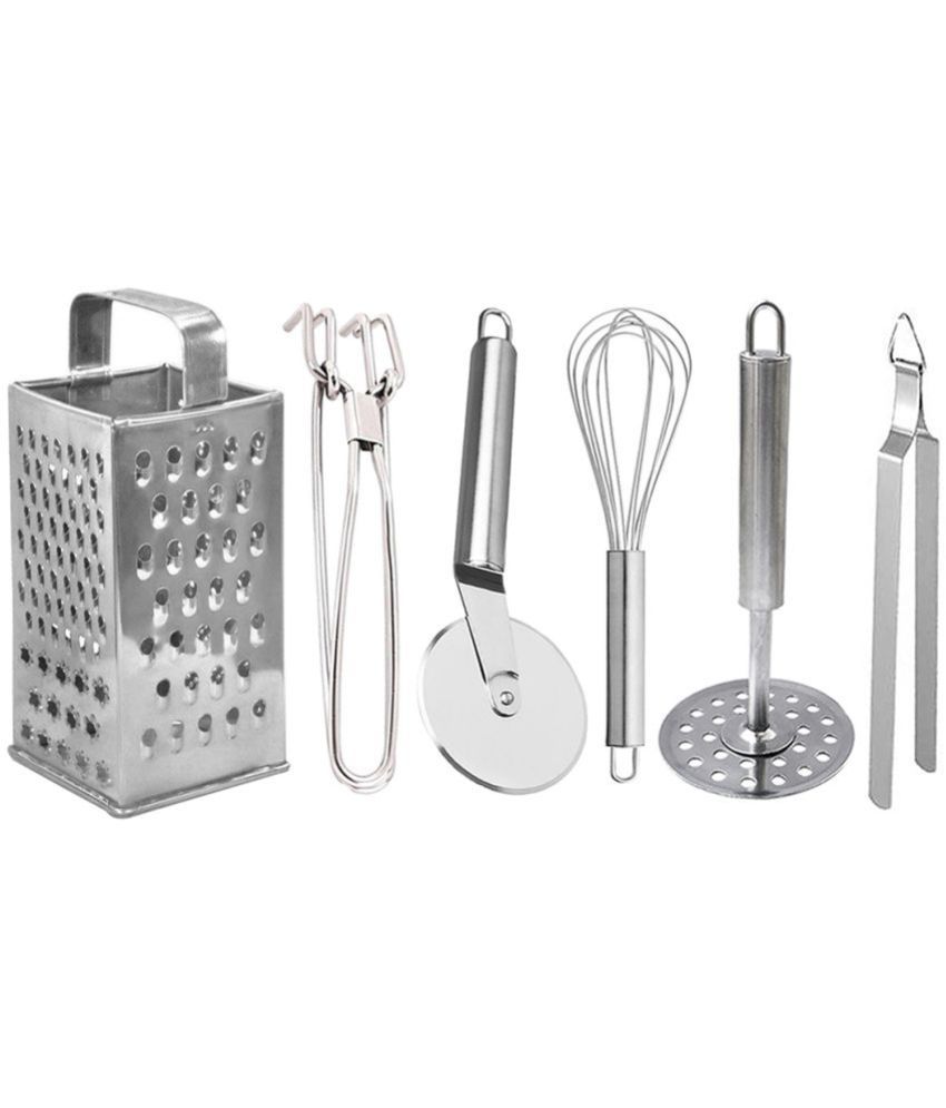     			JISUN - Silver Stainless Steel Grater+Pakkad+Pizza Cutter+Whisk+Chimta+Masher ( Pack 6 )